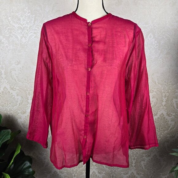 Eileen Fisher Size Large Red Sheer Blouse Button Front Round Neck Long Sleeve - Picture 1 of 12